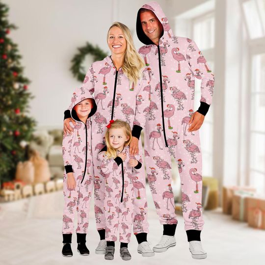 Pink Flamingo Christmas Onesie Pajamas, Tropical Holiday Onesie Jumpsuit, Cute Jumpsuit Xmas Sleepwear For Men Women Kids, Xmas Gift