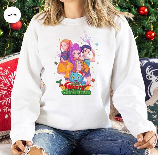Discover Merry Christmas Fantasy Sweatshirt, Vibrant Holiday Cat Design, Festive Youthful Graphic