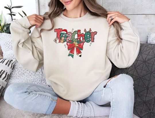 Discover Christmas Coquette Bow Teacher Sweatshirt, Christmas Teacher Gift, Christmas Pencil Bow Teacher Gift Shirt