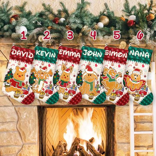 Discover Personalized Disney Gingerbread Pooh And Friends Xmas Stocking, Winnie The Pooh Gingerbread Christmas Family Stockings Home Decoration