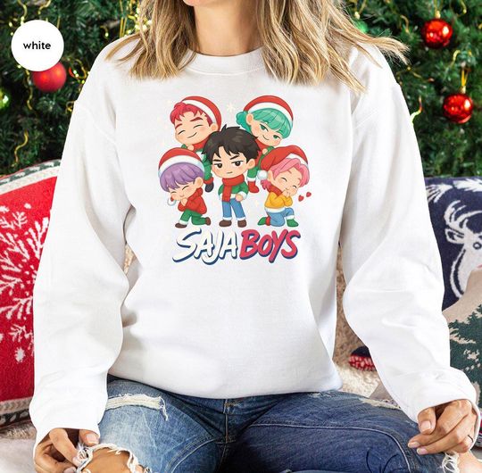 Discover SAJA BOYS Christmas Sweatshirt, Kawaii Santa Hat Cartoon Crewneck, Festive Group Design