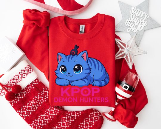 KPOP DEMON HUNTERS Sweatshirt, Cartoon Blue Cat Graphic, Quirky Fantasy Fan Apparel for Kpop Enthusiasts
