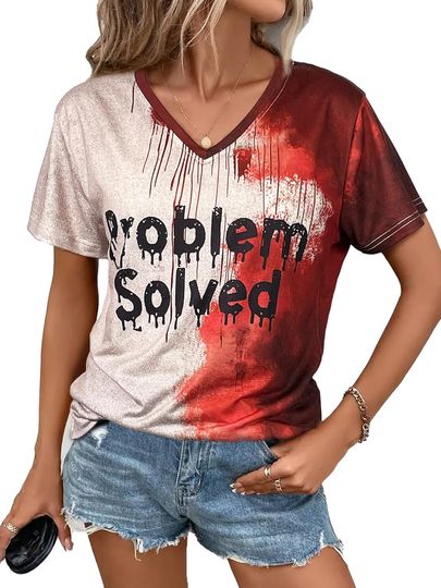 Discover Halloween Shirts for Women Bloody Shirt Funny Problem Solved Shirt Horror Clothes Blood Splatter Graphic Shirts