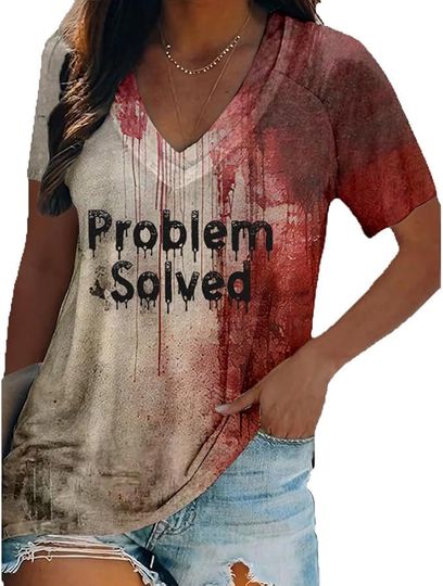 Discover Problem Solved Bloody Shirt, Halloween Bloody Print Shirt Fun Halloween Top