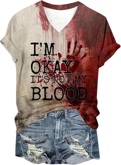 I'm Fine Bloody Shirt Women Funny Halloween Blood Horror Clothes Bloody Problem Solved Halloween T-Shirt