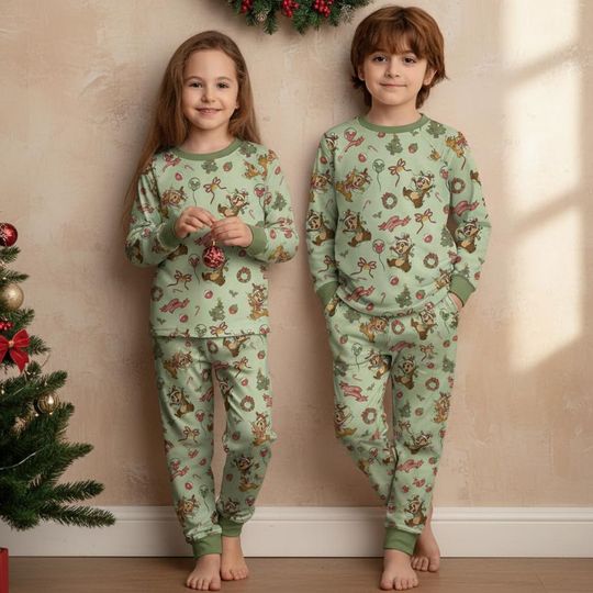 Discover Disney Christmas Chip N Dale Pajamas Set, Cute Chip N Dale Santa Claus Holiday Lights Xmas Sleepwear, Jolliest Bunch Of Chipmunks Pajamas