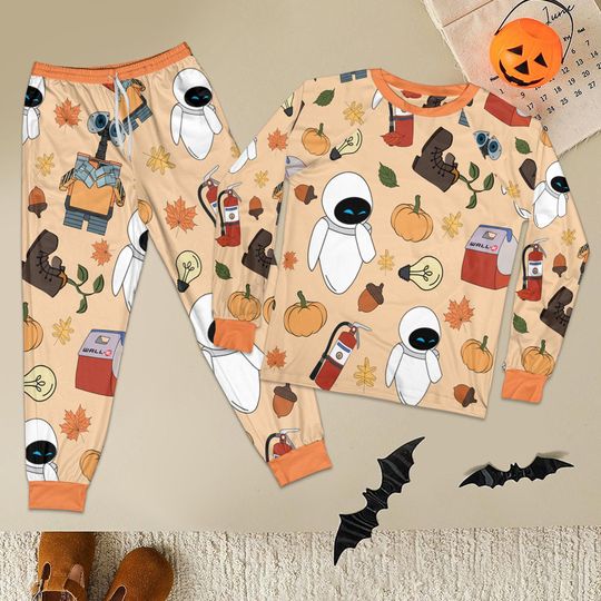 Discover Cute Wall-E and Eve Halloween Pajamas Set, Disney Pixar Fall Vibes Sleepwear, Disney Spooky Pajamas For Kid Adult Pixar Fan