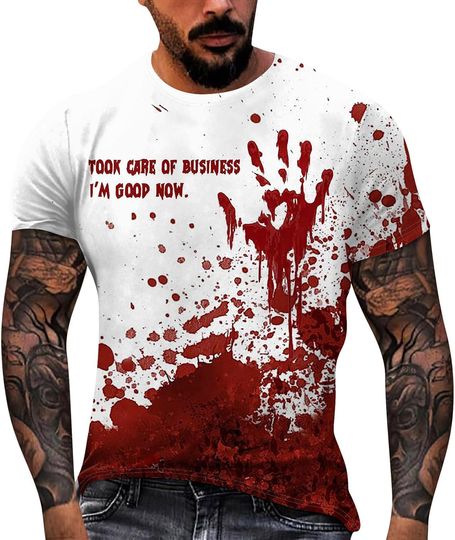 Mens Halloween Costumes for 2025 Cute Round Neck Tshirt Short Sleeve Oversized Horror Print Big and Tall Shirts