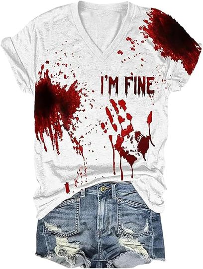 Discover Halloween I'm Fine Bloody Graphic Shirt for Women Funny Horror Blood Splatter T-Shirts Bloodstained Horror Costume Tees Top