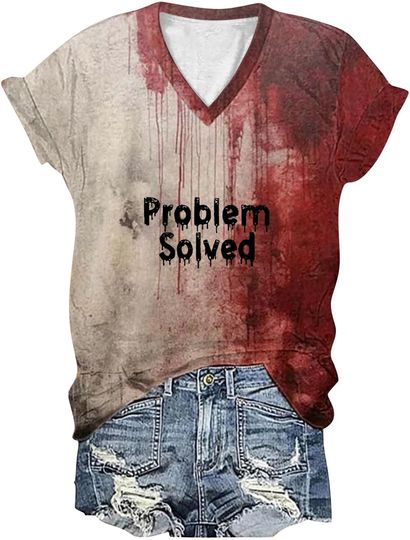 Womens I'm Fine Bloody Halloween Shirt Sanderson Sisters Short Sleeve Problem Solved Blood Horror Graphic Tee