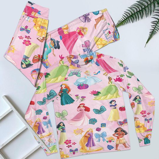 Discover Cute Disney Princess Coquette Bow Pajamas Set, Princess Coquette Bow Sleepwear, Disney Princess Loungewear, Princess Pajamas For Kid Adult