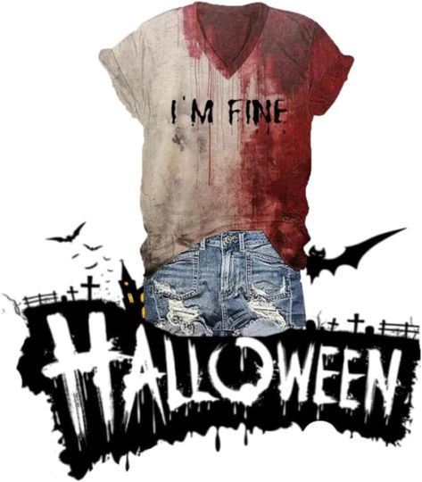 I'm Fine Bloody Shirt for Women Funny Halloween Blood Splatter Horror Shirt Halloween Short Sleeve Tops