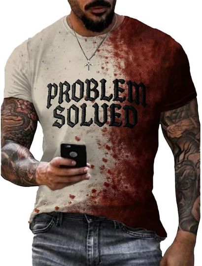 Discover Men's Bloody Problem Solved Halloween Bloodstained Embroidered Letter Print T-Shirt