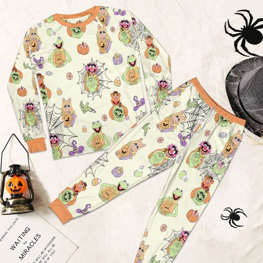Discover Vintage Muppets Halloween Pajamas Set, Disney Coquette Bow Pumpkin Sleepwear, Disney Halloween Pajamas, Spooky Pajamas For Kid Adult