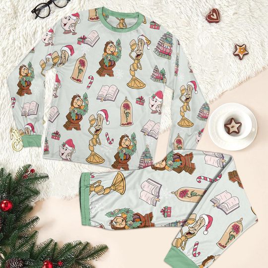 Discover Retro Lumire Cogsworth and Mrs. Potts Belles Book Club Xmas Pajamas Set, Beauty And The Beast Holiday Sleepwear, Disney Book Lover Gift