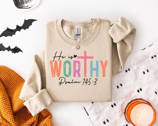 Discover Christian Sweatshirt for Faithful Souls - Vibrant Psalm 145:3 Design with Cross for Spiritual Comfort Inspiration -