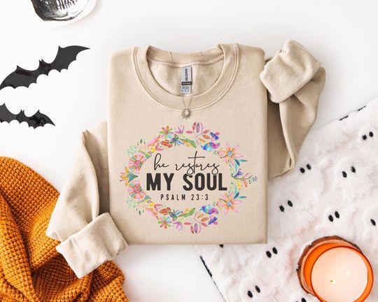 Discover Uplifting Psalm 23:3 Sweatshirt for Spiritual Women Men with Floral Bird Graphics, Faith-Based Fashion t-shirt