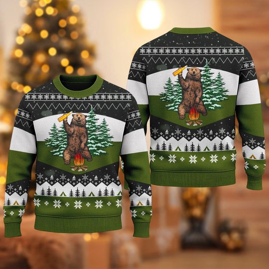 Discover Bear Drinking Beer Campfire 3D Ugly Christmas Sweater, Camping Bear Xmas Sweatshirt, Forest Camping Christmas Gift For Men Women Kid