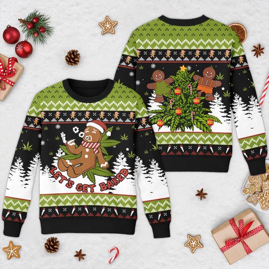 Discover Lets Get Baked 420 Marijuana Ugly Christmas Sweater, Cookies Santa Hat Xmas Sweatshirt, Cookies Christmas Gift For Men Women Kid