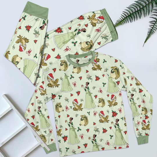 Discover Vintage Tiana Louis And Prince Naveen Santa Pajamas Set, Princess And The Frog Holiday Sleepwear, Disney Princess Pjs, Disney Couple Gift