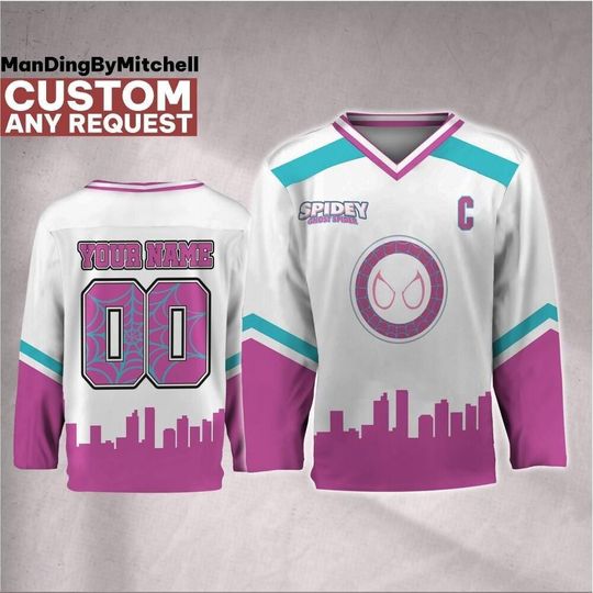 Discover Custom Spidey Gwen City Skyline Hockey Jersey, Kid Adult Matching Hockey Jersey, Disneyland Family
