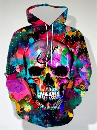 Discover 3D Abstract Colorful Skull Hoodie - Neon Art Pullover Sweatshirt for Men & Women