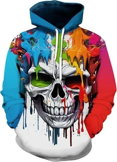 Discover 3D Color Splash Skull Hoodie - Unisex Artistic Graffiti Pullover Streetwear