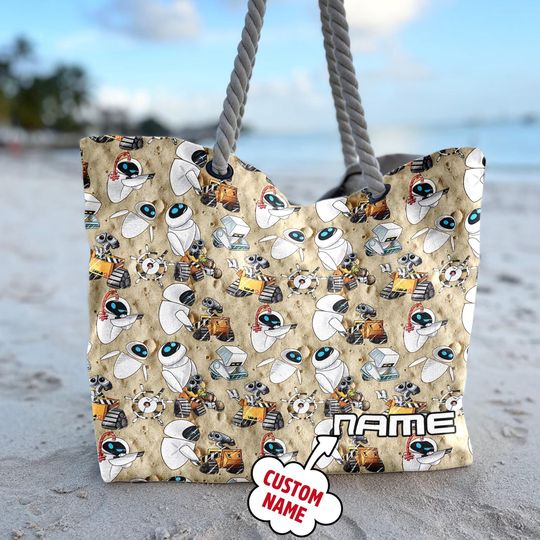 Discover Personalize Wall E Eve Beach Bag, Wall E Eve Tote Bag, Custom Name Robot Lover Character Movie Bag, Summer Vacation Gift For Mom, Daughter