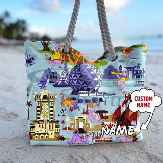 Personalize Figment Tote Bag, Dragon Mascot Beach Bag, Custom Figment Dragon Summer Gift, Figment Mascot Dragon All Over Print Bag