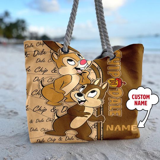 Personalize Chip and Dale Squirrel Tote Bag, Chip n Dale All Over Print Beach Bag, Summer Vacation Beach Bag, TV Series Movie Tote Bag