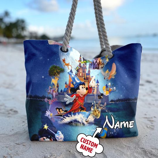 Personalize Mickey Mouse Magic Beach Bag, Mickey Fantasia Witch Beach Bag, Mickey Wizard Show Bag, Gift For Friend