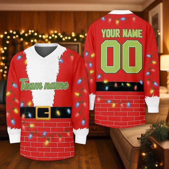 Discover Customized Santa Christmas Jersey with Lights  Funny Personalized Holiday Shirt with Name & Number, Festive Team Outfit for Christmas Party