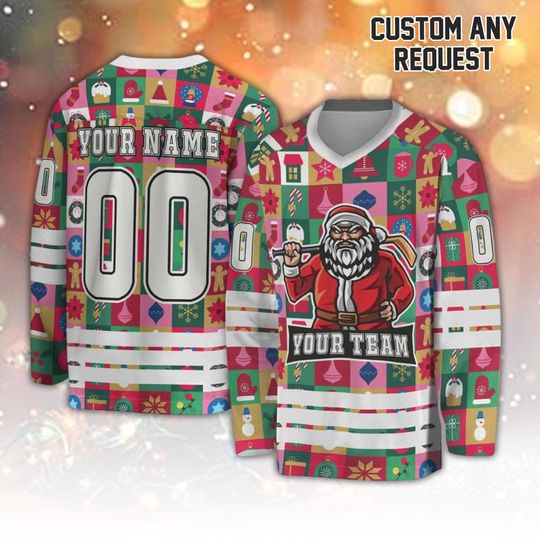 Discover Custom Christmas Hockey Jersey  Personalized Santa Claus Ice Hockey Shirt With Name Number Team Logo, Gift For Hockey Lovers