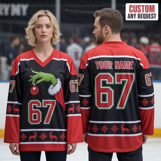 Custom Name 67 Meme Tiktok Trending X Christmas Ice Hockey Vneck Jersey