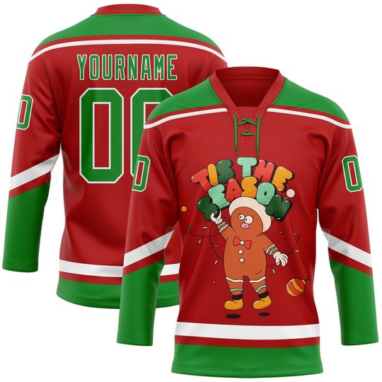 Discover Custom Red Grass Green-White Funny Christmas 3D Hockey Lace Neck Jersey