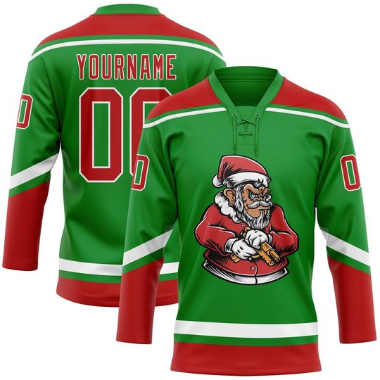 Discover Custom Grass Green Red-White Funny Christmas 3D Hockey Lace Neck Jersey