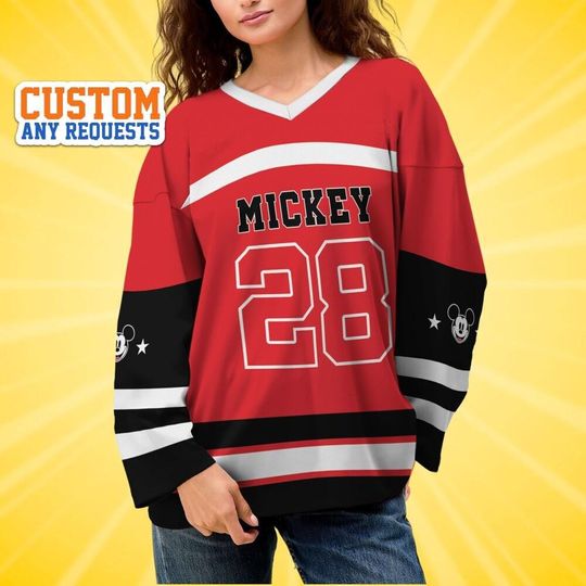 Discover Custom Original Mickey Mouse Red Hockey Jersey, Disney Baseball Jersey Sports, Cute Birthday Gifts For Fans, Disneyland Family