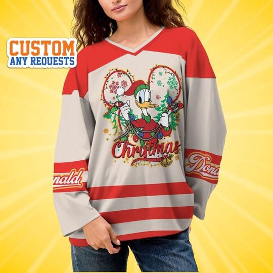 Discover Custom Disney Christmas Donald Hockey Jersey, Disney Baseball Jersey Sports, Cute Birthday Gifts For Fans, Disneyland Family