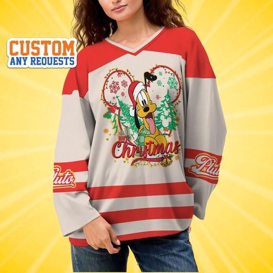 Discover Custom Disney Christmas Pluto Hockey Jersey, Disney Baseball Jersey Sports, Cute Birthday Gifts For Fans, Disneyland Family