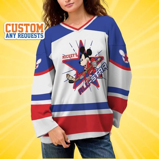 Discover Custom Mickey Mouse All Star Blue Red White Hockey Jersey, Disney Baseball Jersey Sports, Cute Birthday Gifts For Fans, Disneyland Family