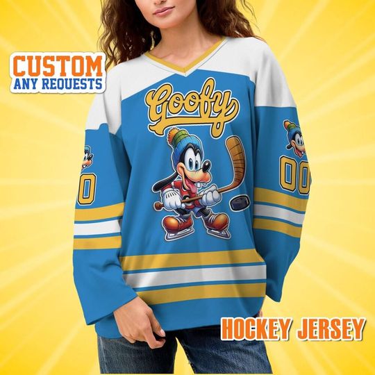 Discover Custom Disney Goofy Happy Team Hockey, Cute Birthday Gifts For Fans, Disney Hockey Jersey Sports, Disneyland Family
