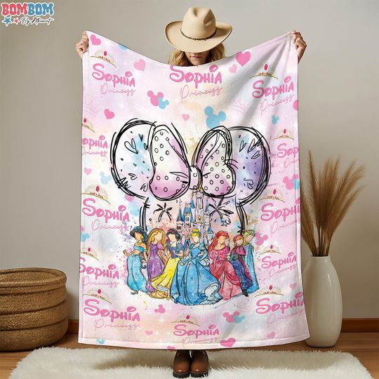 Discover Personalized Watercolor Disneyland Princess Blanket, Castle Coquette Bows Blanket, Rapunzel Ariel Elsa Cinde blanket,Birthday Girl Gift