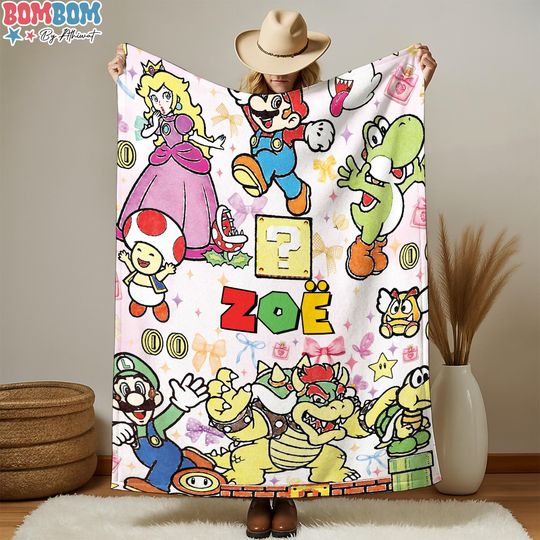 Personalized Coquette Bows Super Mario Blanket, Watercolor Blanket, Mario Luigi Princess Peach Blanket