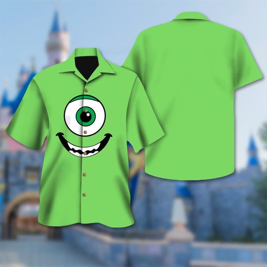 Green Eye Mike Monster Costume Hawaiian Shirt, Green Face Expression Halloween Shirt, Mike Wazowski Emoji Shirt, Monsters Cosplay Tee
