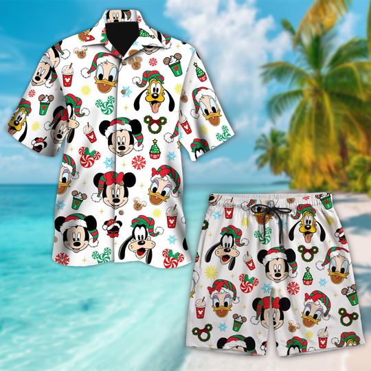 Discover Disney Mickey Mouse And Friends Christmas Candy Hawaiian Shirt and Short, Mickey's Very Merry Christmas Party, Disneyland Xmas Holiday Hawaiian Shirt