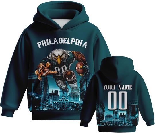 Discover Custom Kid's Football Hoodie Mascots City Night Hooded Sweatshirt Personalized Name Number Gift for Girls Boys Fans