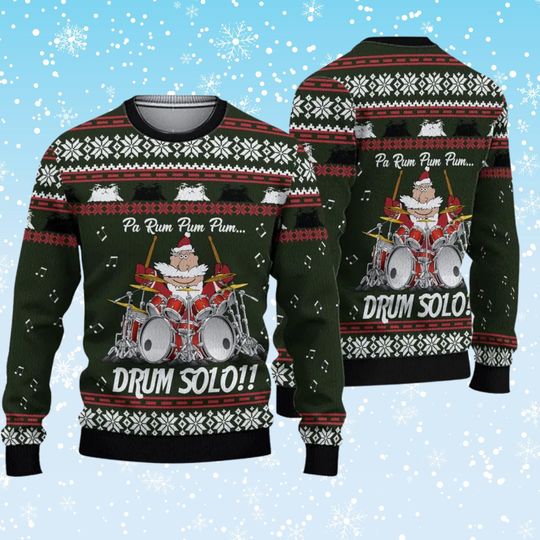 Discover Santa Drum Solo Ugly Christmas Sweater, Pa Rum Pum Pum Music Knit Jumper, Funny Drummer Holiday Pullover, Winter Party Gift