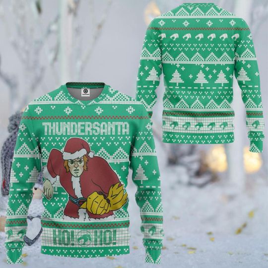 Discover Thundersanta Ugly Christmas Sweater, Green Fair Isle Pixel Knit, Action Santa Ho Ho Ho Jumper, Funny Holiday Party Gift