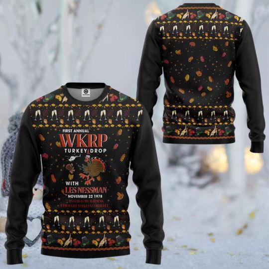 WKRP Turkey Drop Ugly Christmas Sweater with Les Nessman 1978 Quote, Funny Thanksgiving TV Parody, Funny Holiday Party Gift