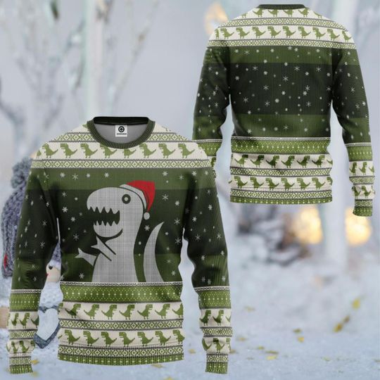 Green Dinosaur Ugly Christmas Sweater with Santa Hat T Rex, Fair Isle Crewneck, Funny Xmas Party Pullover, Snowflake Knit Look